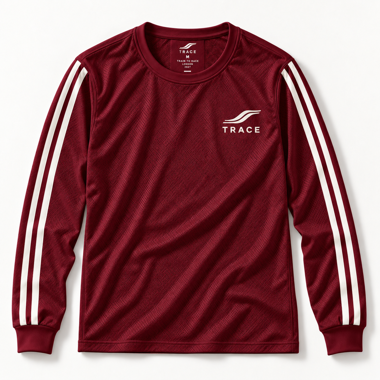 The TRACE long sleeve in burgundy mesh with white sleeve stripes, front