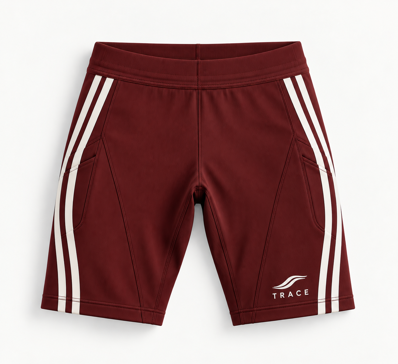 The TRACE tights in burgundy mesh with white side stripes, TRACE logo on the leg, front