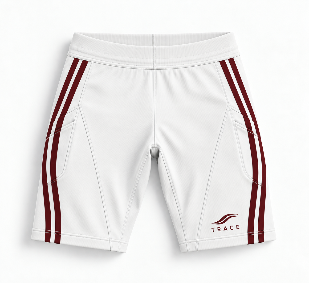 The TRACE tights in white mesh with burgundy side stripes, TRACE logo on the leg, front