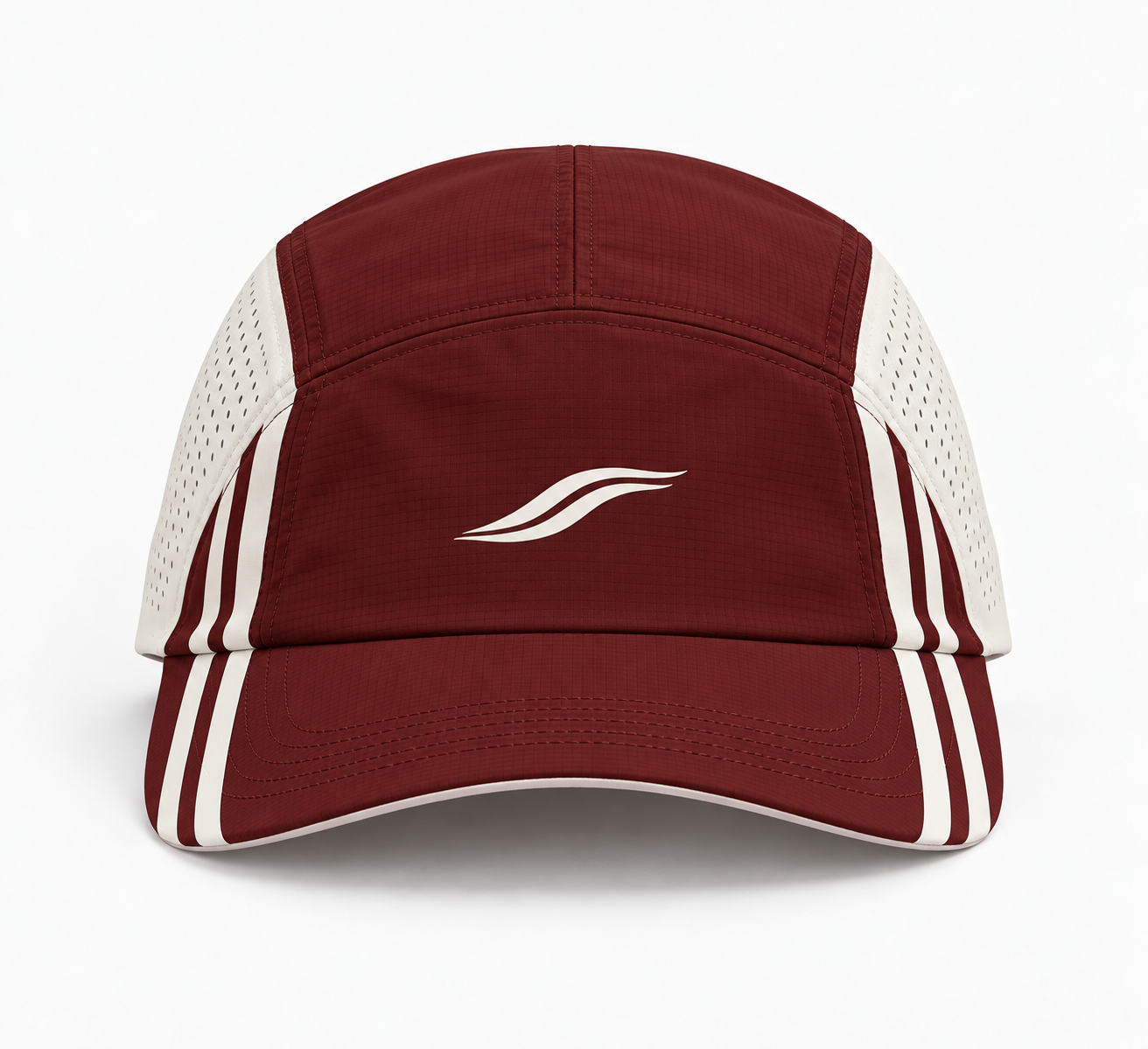 The TRACE cap in burgundy with cream mesh side panels and the white TRACE wave logo on the front, front view