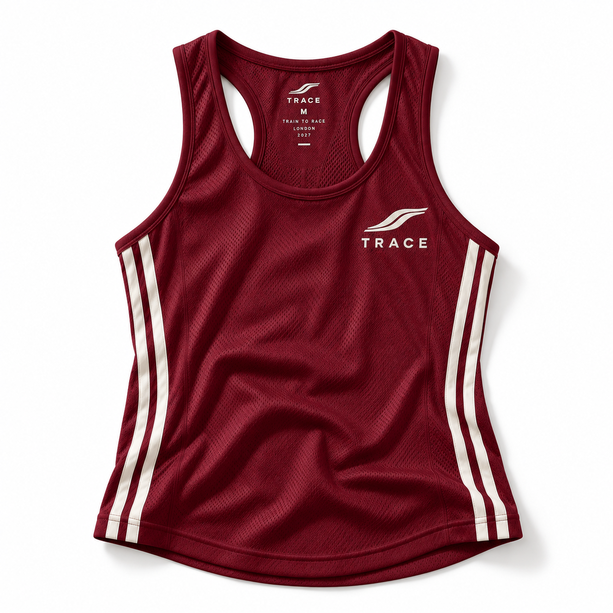 The TRACE tank in burgundy mesh with white side stripes, front