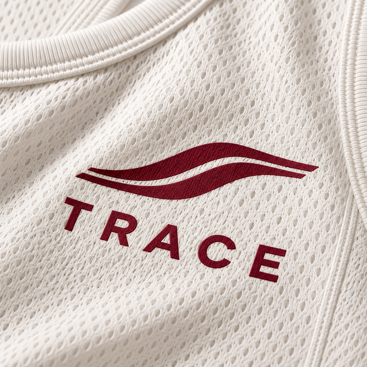 Close-up of the TRACE logo in burgundy on the white tank
