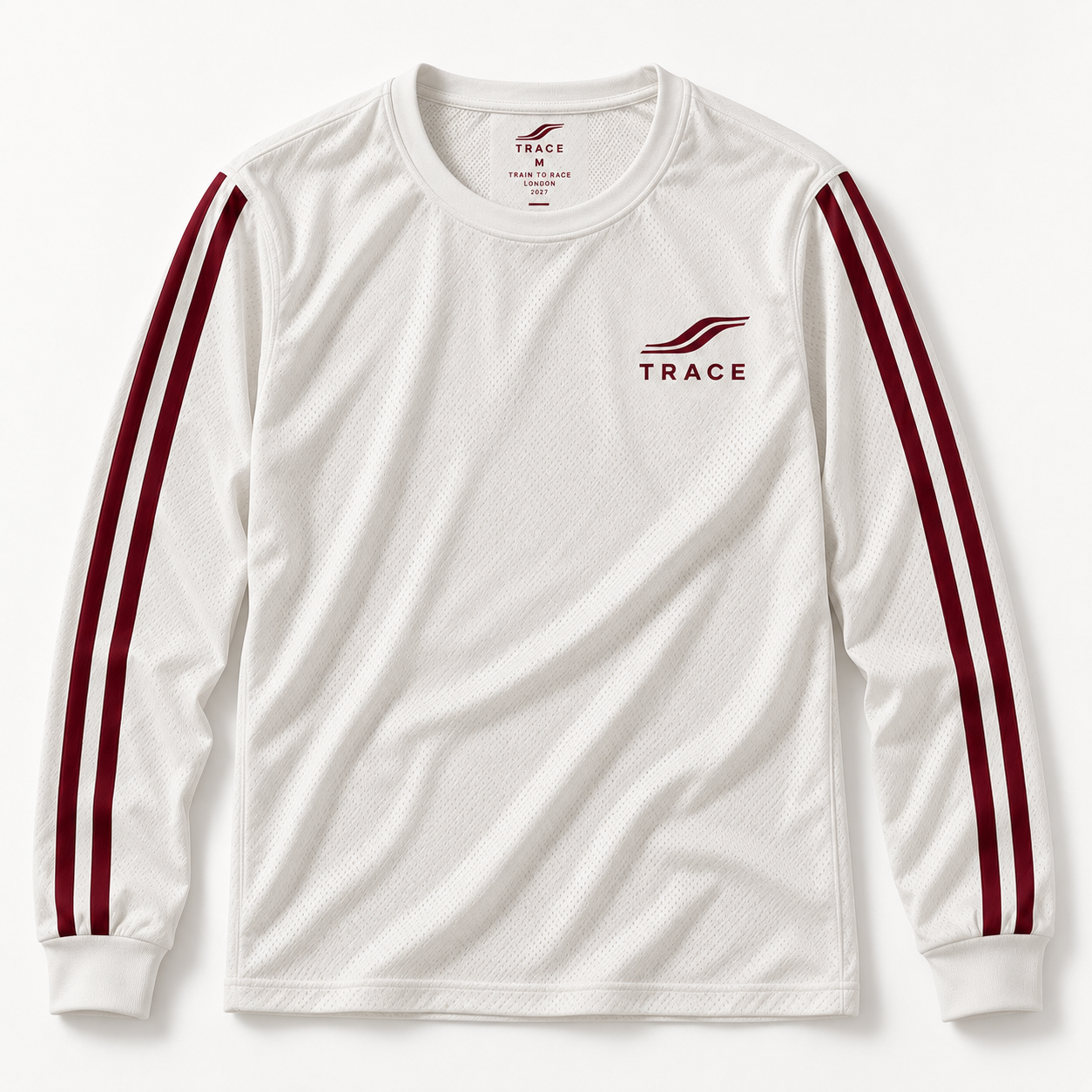 The TRACE long sleeve in white mesh with burgundy side stripes, front