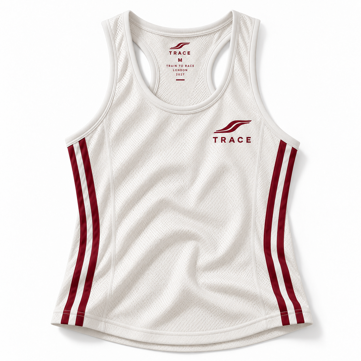 The TRACE tank in white mesh with burgundy side stripes, front